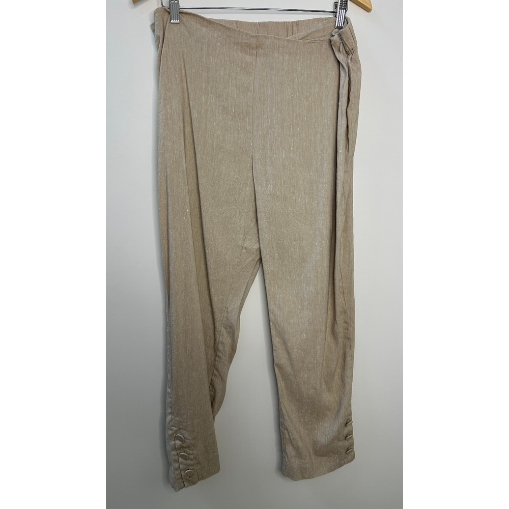 J Jill Stretch 100% Linen Pants Button Hem Ankle Tan Beige Coastal Travel Resort - Picture 2 of 12